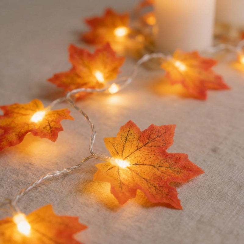 Maple leaf string lights with warm LED glow