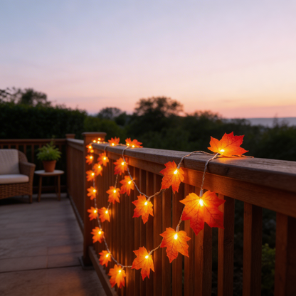 String lights shaped like autumn leaves on a wooden railing with a sunset background.