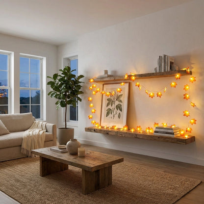 Maple leaf string lights draped along mantels in living room