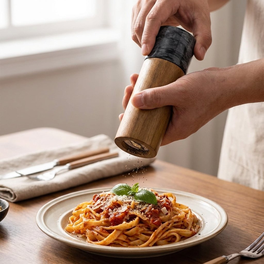Hands grinding pepper from a black marble-topped acacia wood mill over a plate of tagliatelle