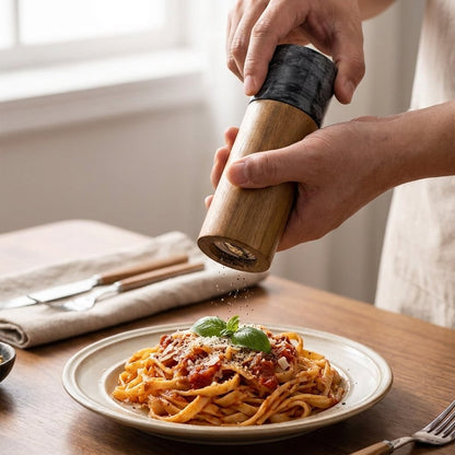 Hands grinding pepper from a black marble-topped acacia wood mill over a plate of tagliatelle