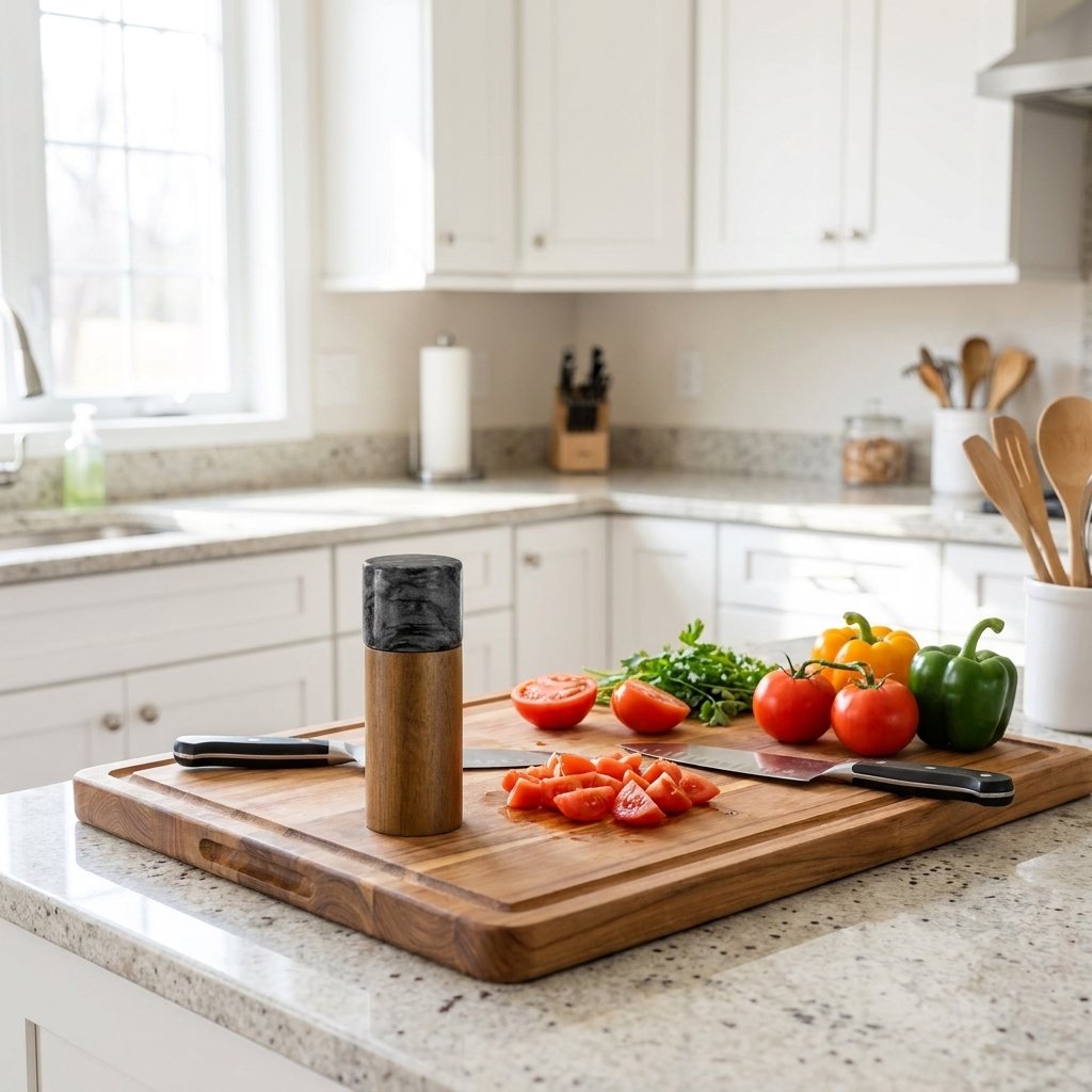 Black marble-topped acacia wood mill on a cutting board with chopped tomatoes, peppers, and herbs