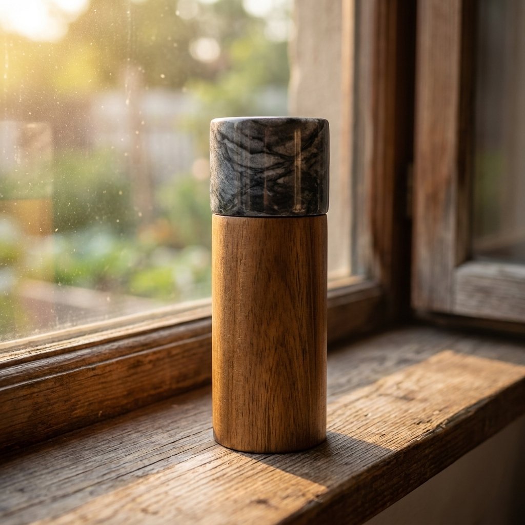 Black marble-topped acacia wood mill on a weathered window sill with a sunlit garden behind