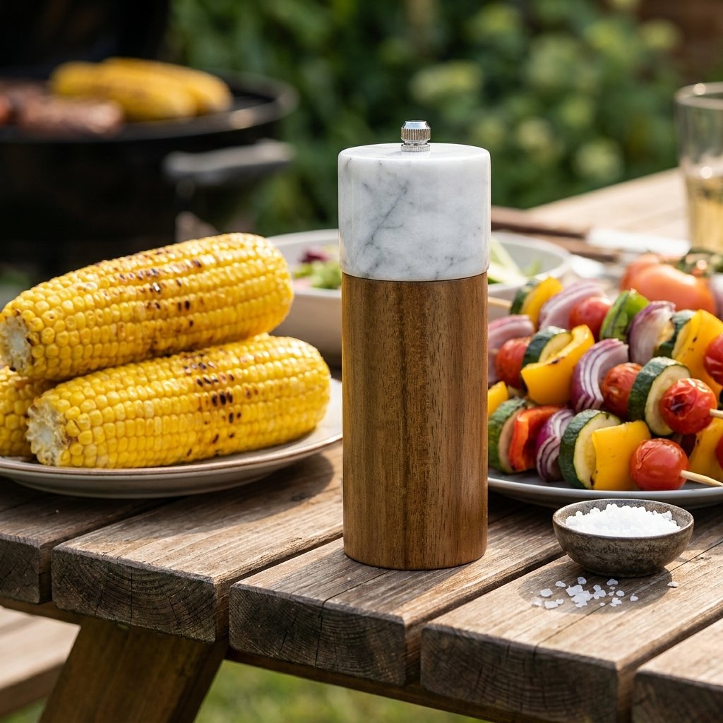 White marble-topped acacia wood mill on an outdoor picnic table beside grilled corn and vegetable skewers