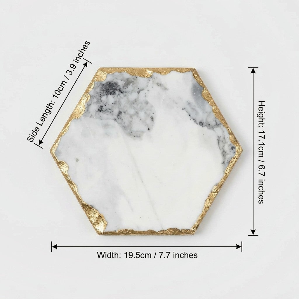 Large hexagonal marble coaster with gold edging and dimensions labeled side length 10 cm (3.9 in), height 17.1 cm (6.7 in) and width 19.5 cm (7.7 in)