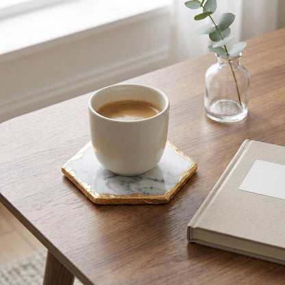 Hexagonal white marble coaster with gold edging holding a cup of espresso on a wooden desk beside a small vase and a book