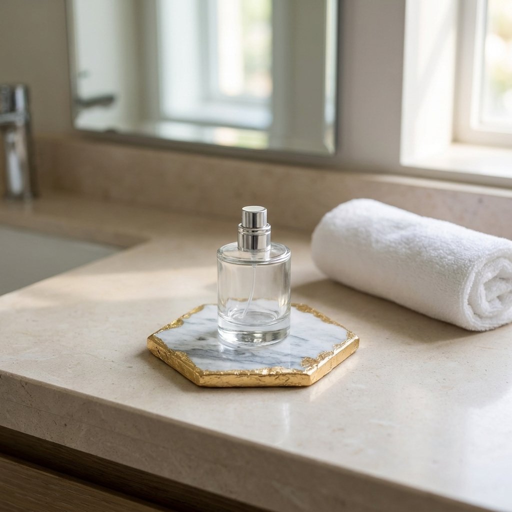 Glass perfume bottle on a hexagonal white marble coaster with gold edging on a stone bathroom vanity