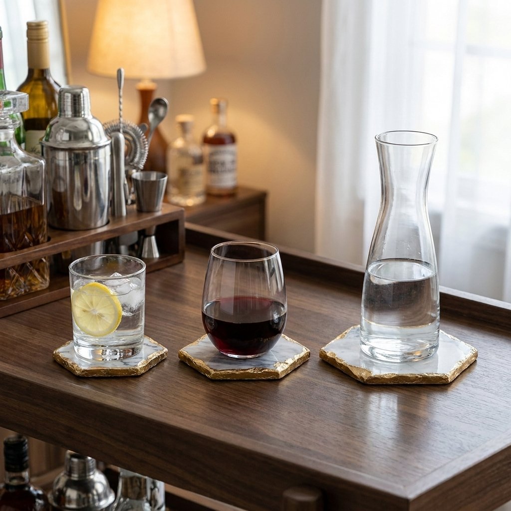 Three hexagonal marble coasters with gold edging holding a cocktail with ice, a glass of red wine and a carafe of water on a bar cart