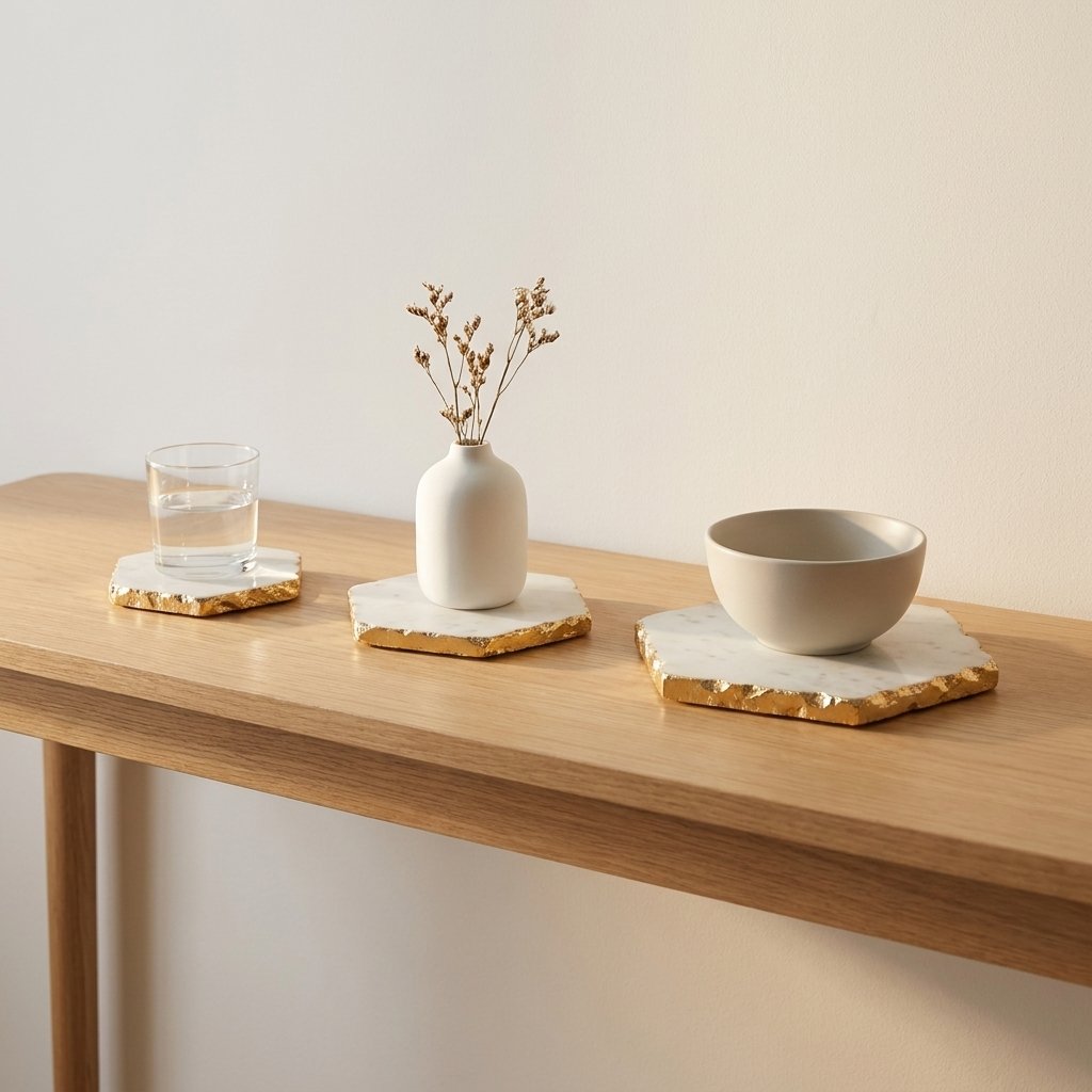 Three hexagonal marble coasters in graduated sizes with gold edging holding a water glass, a vase and a ceramic bowl on an oak console table