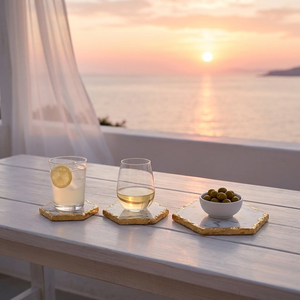 Three hexagonal marble coasters with gold edging holding a lemon water, a glass of white wine and a bowl of olives on a terrace table at sunset
