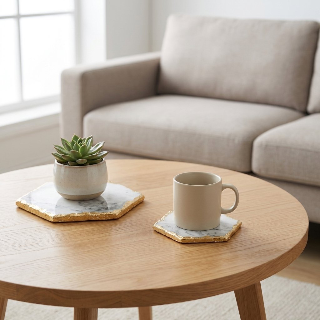 Two hexagonal marble coasters of different sizes with gold edging holding a small potted succulent and a mug on a round oak coffee table