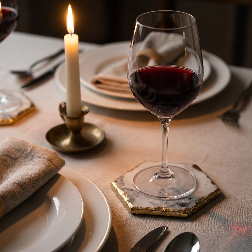 Hexagonal white marble coaster with gold edging under a glass of red wine on a candlelit linen dinner table