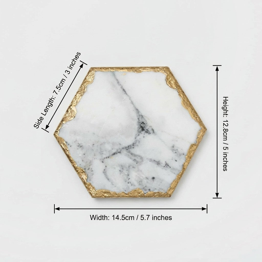 Medium hexagonal marble coaster with gold edging and dimensions labeled side length 7.5 cm (3 in), height 12.8 cm (5 in) and width 14.5 cm (5.7 in)