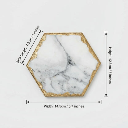 Medium hexagonal marble coaster with gold edging and dimensions labeled side length 7.5 cm (3 in), height 12.8 cm (5 in) and width 14.5 cm (5.7 in)