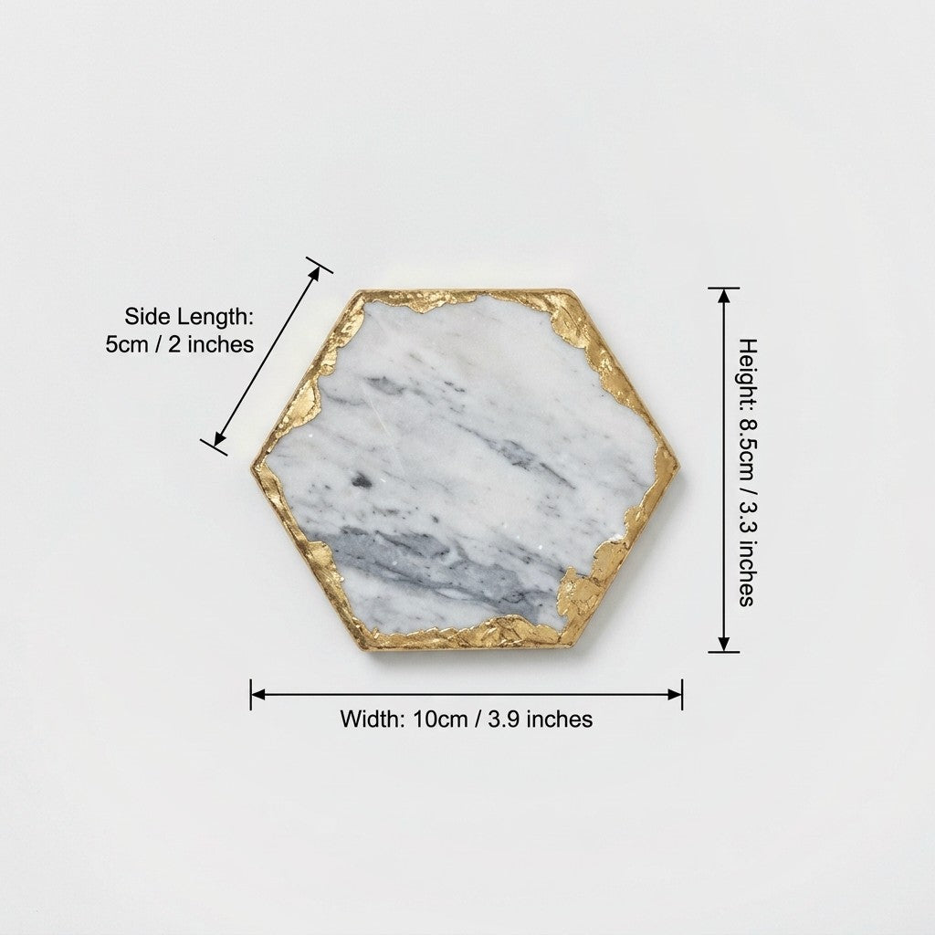 Small hexagonal marble coaster with gold edging and dimensions labeled side length 5 cm (2 in), height 8.5 cm (3.3 in) and width 10 cm (3.9 in)