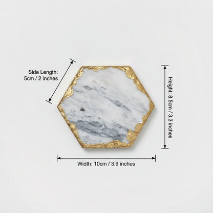 Small hexagonal marble coaster with gold edging and dimensions labeled side length 5 cm (2 in), height 8.5 cm (3.3 in) and width 10 cm (3.9 in)