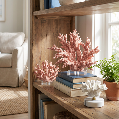 Collection of marble coral sculptures styled together as coastal home decor