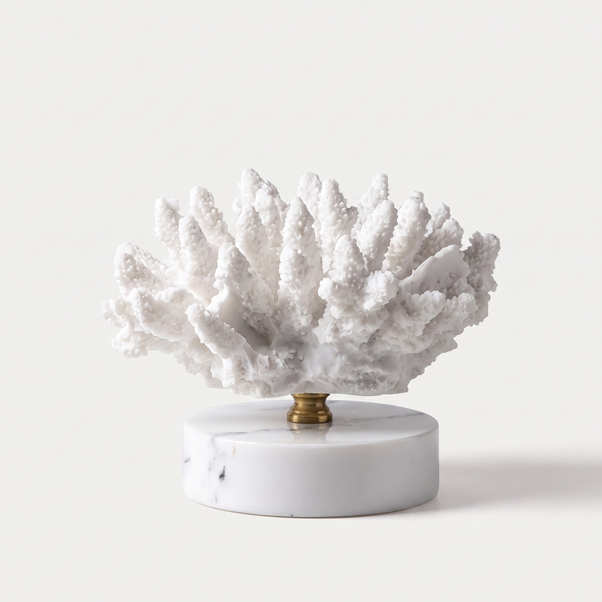 White brain-form marble coral sculpture on a marble base, off-white background