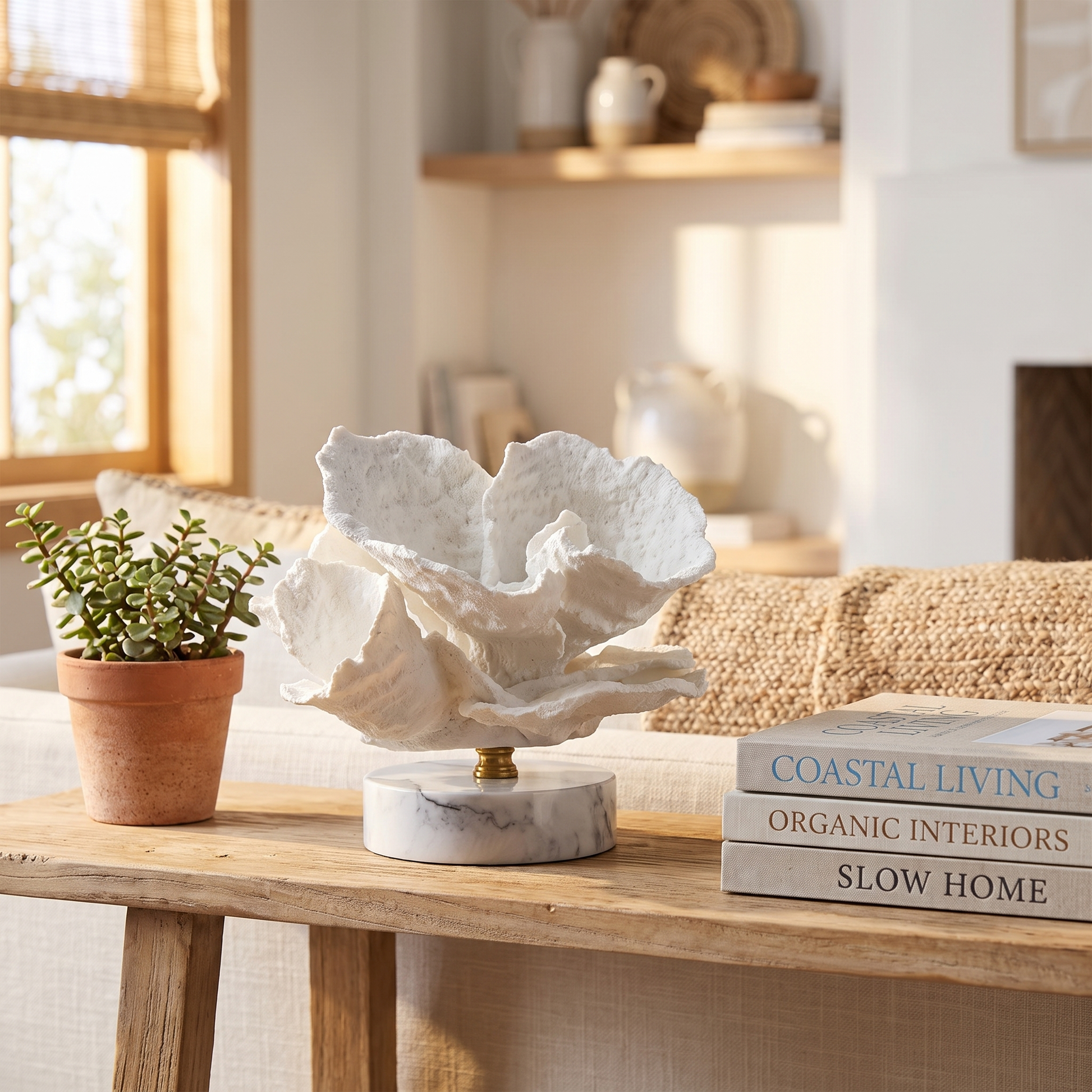 White marble coral sculpture on a wood console with dried pampas grass