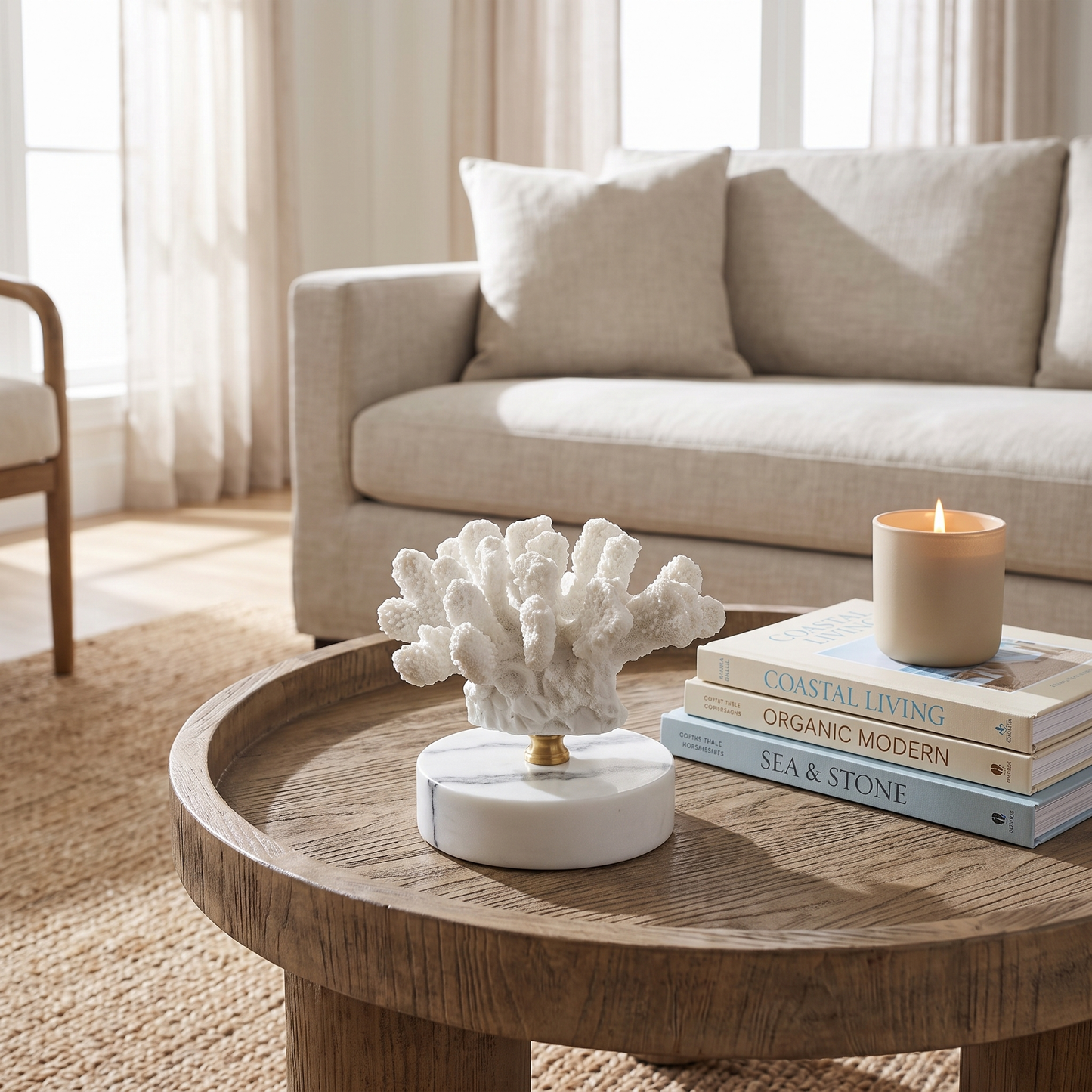 White marble coral sculpture displayed on a living room coffee table