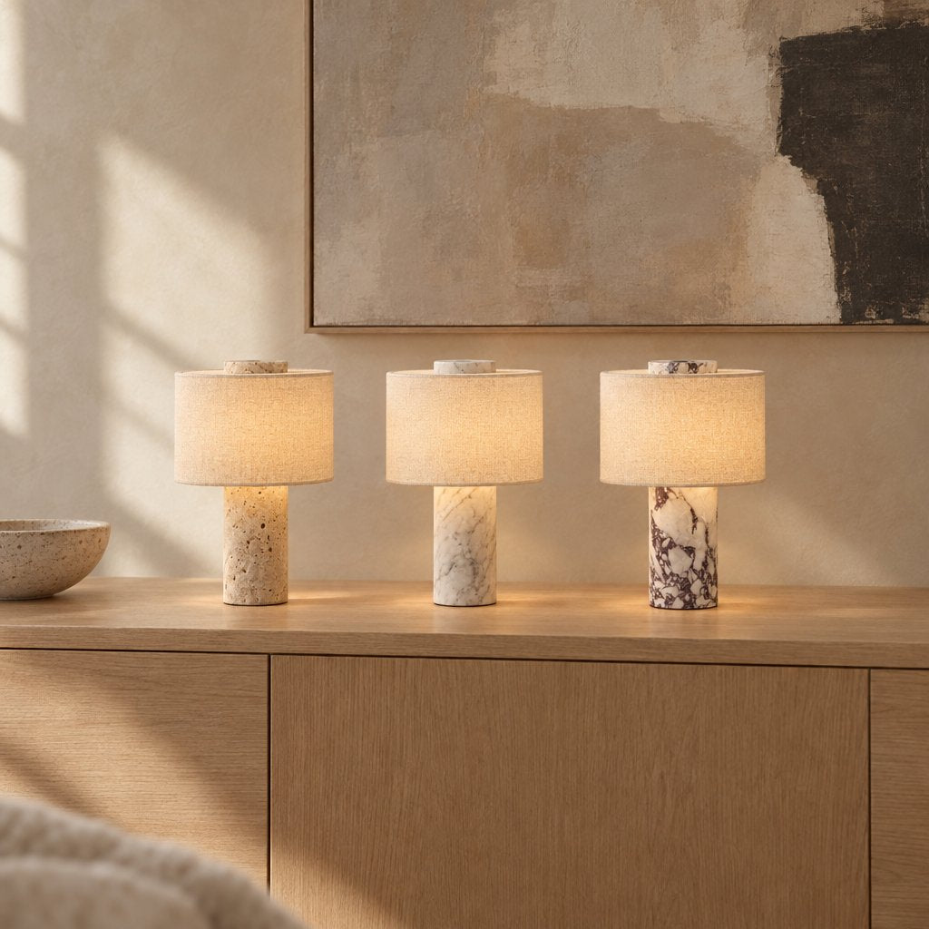 Three lit portable table lamps with cream linen drum shades on an oak credenza, with travertine, white marble and burgundy-veined marble bases