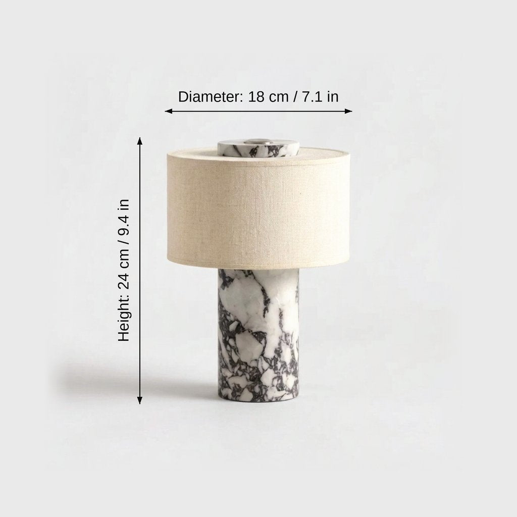 Marble portable table lamp with a drum shade, labeled Diameter 18 cm / 7.1 in and Height 24 cm / 9.4 in on a plain light backdrop