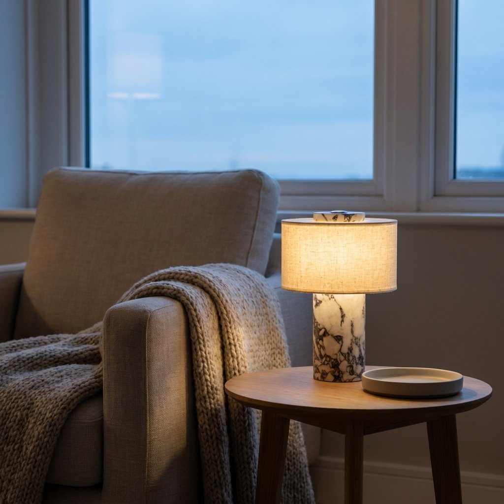 Lit portable table lamp with a white marble base and dark grey veining on a round wood side table beside a taupe armchair with a knit throw