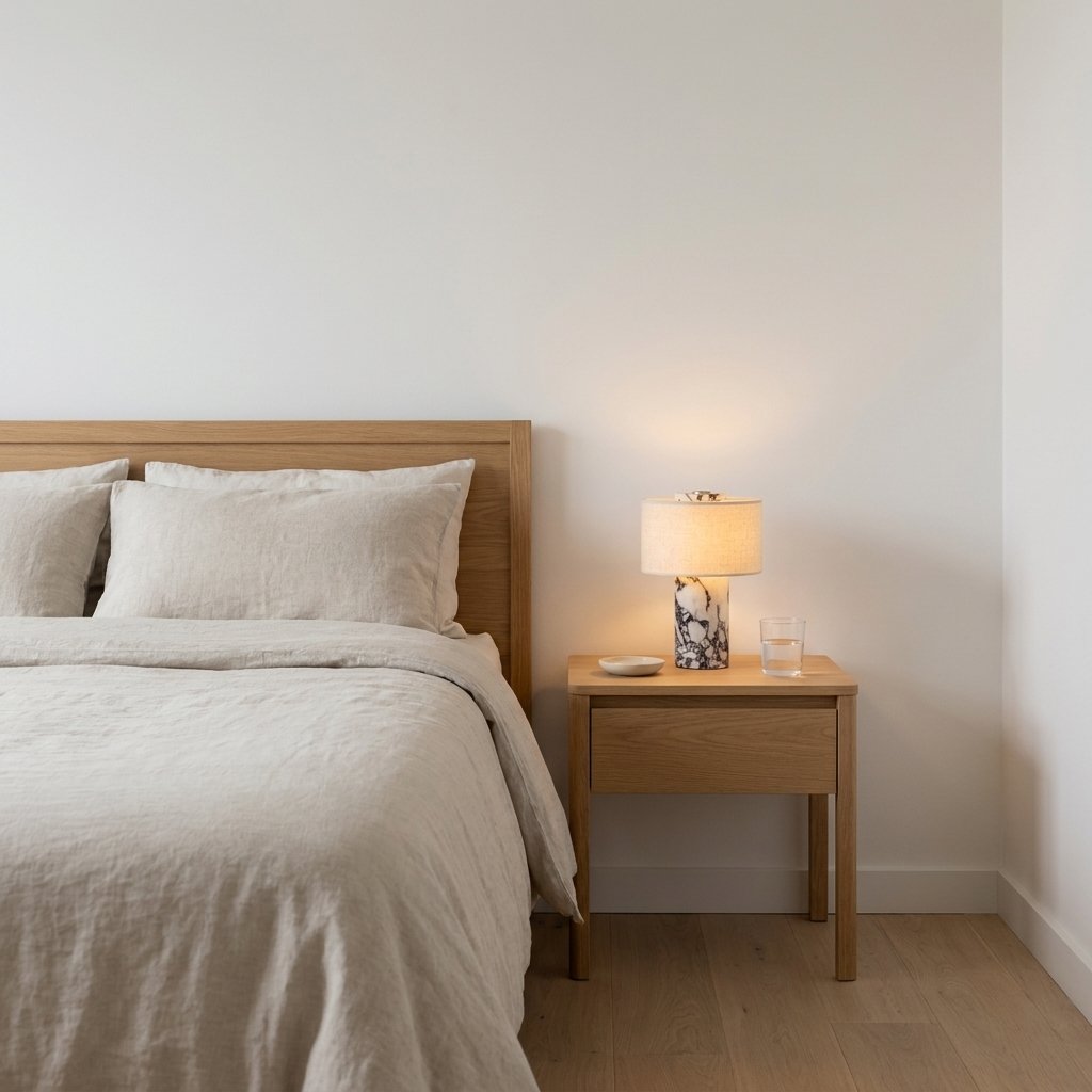 Lit portable table lamp with a dark-veined white marble base on an oak nightstand beside a bed with linen bedding and a glass of water