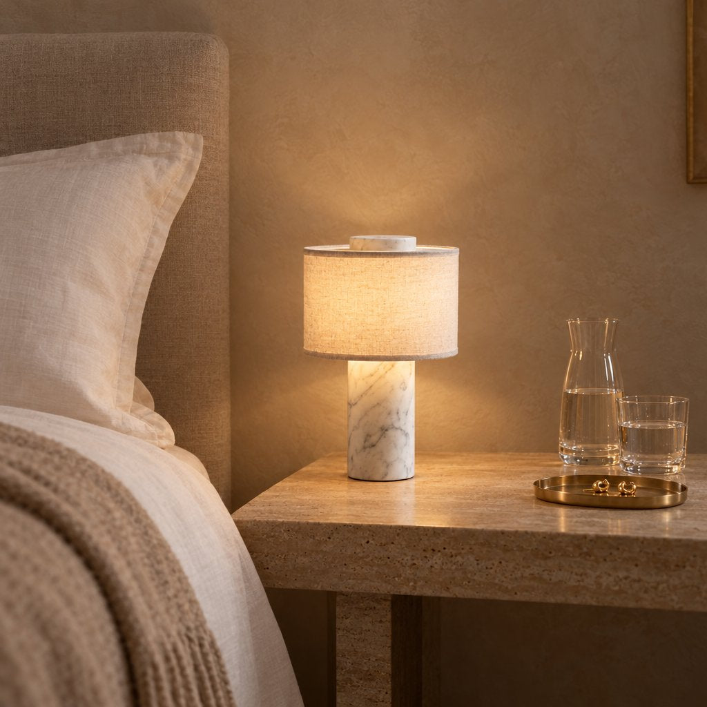 Lit portable table lamp with a grey-veined white marble base on a travertine bedside table with a glass carafe, tumbler and small brass tray