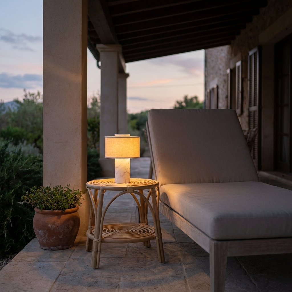 Lit portable table lamp with a white marble base on a round rattan side table on a stone patio at dusk