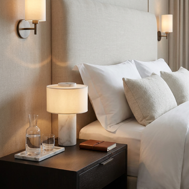 Neatly made bed with pillows, nightstand with lamp and water glass, and wall sconces in a bedroom setting.