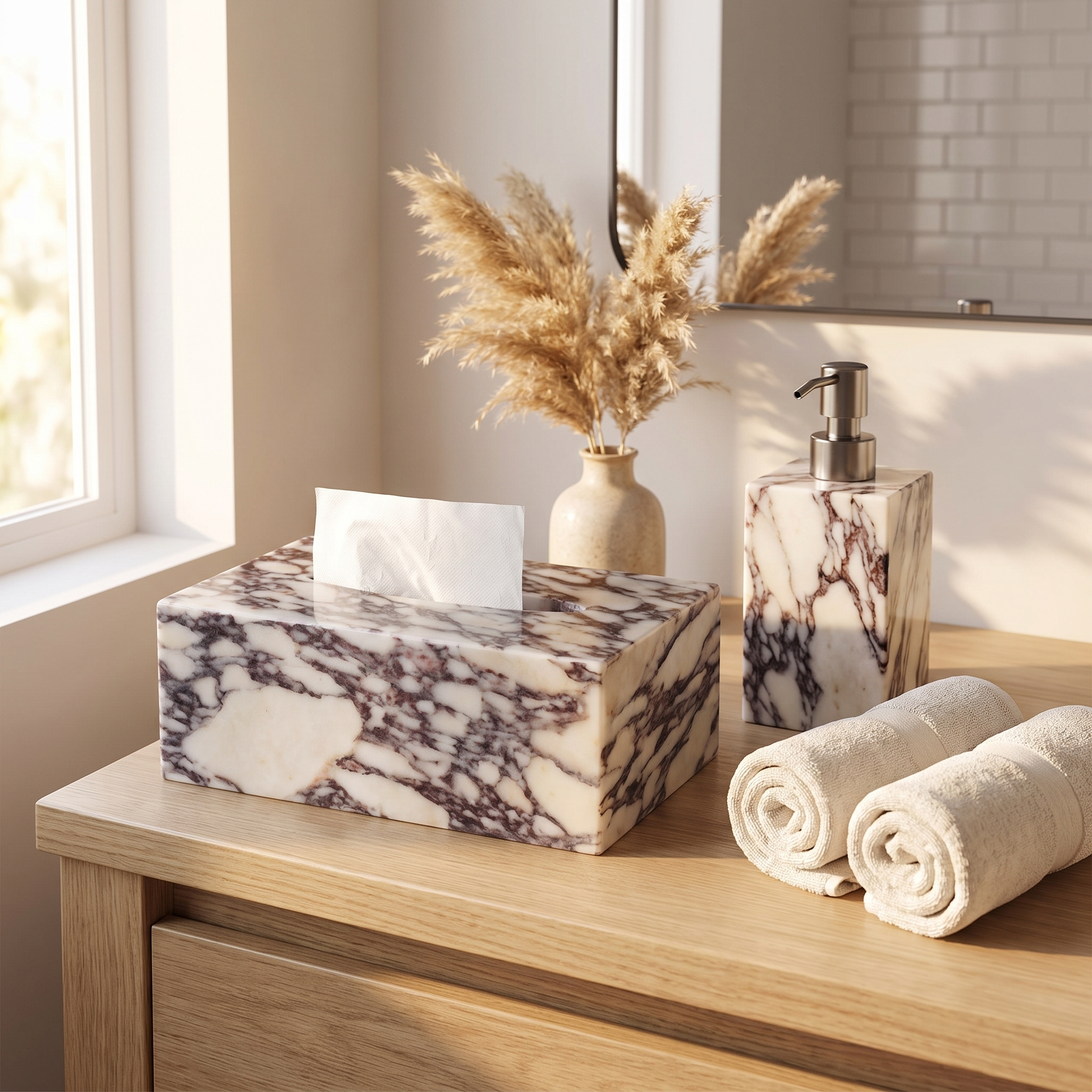 Calacatta marble tissue box cover on a bathroom vanity beside folded towels