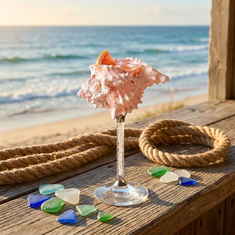 Maris seashell glass with pink flower on beachside table