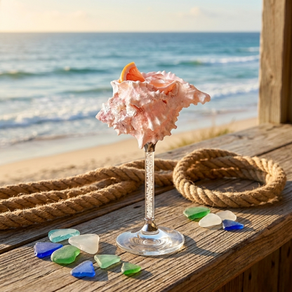 Maris seashell glass with pink flower on beachside table