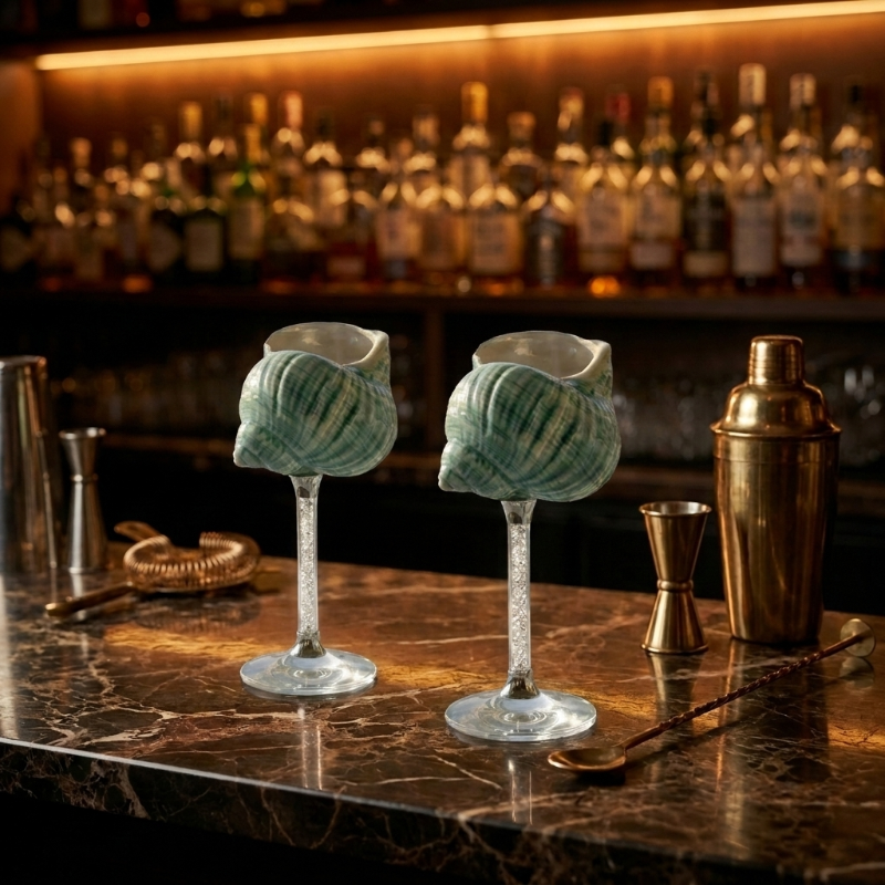 Maris seashell glasses in blue and cream on bar shelf