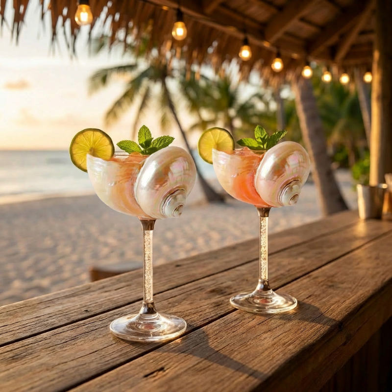 Maris seashell glass with citrus garnish on outdoor table