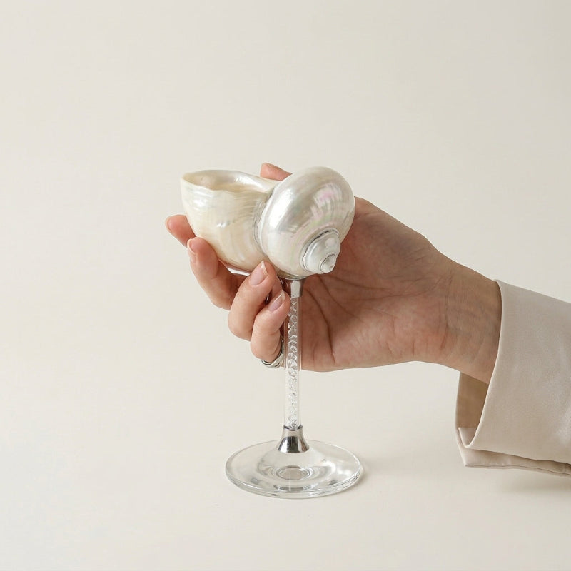Hand holding a decorative glass with a white background