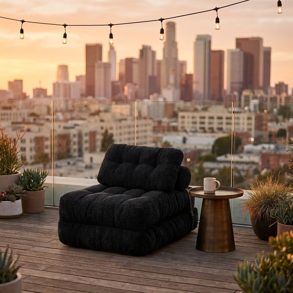 A black tufted outdoor lounge chair sits on a wooden deck beside a small round side table with a white mug, overlooking a city skyline at sunset with string lights overhead.