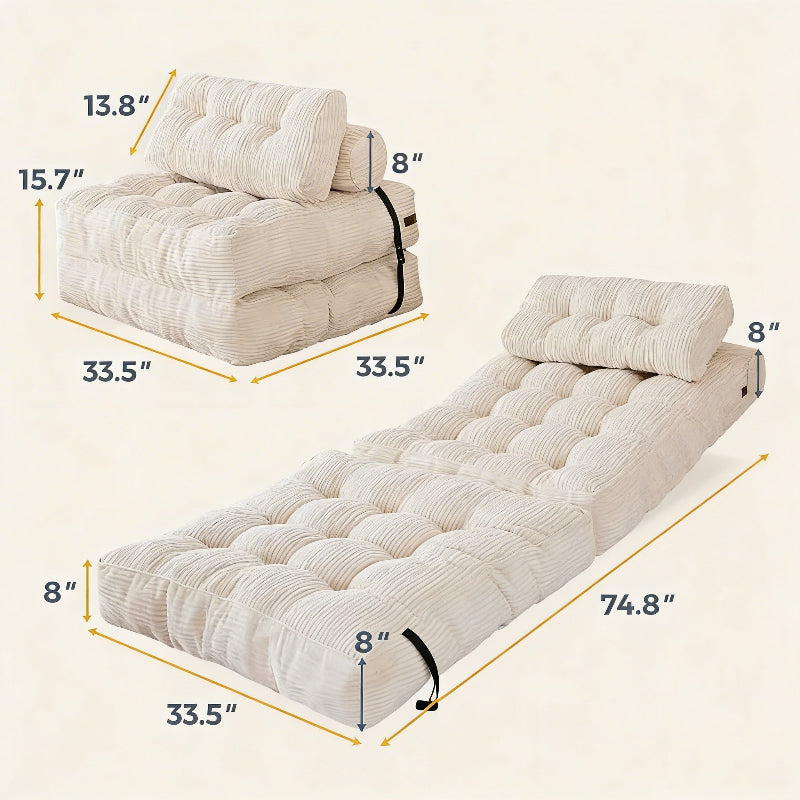 Beige inflatable lounger with dimensions on a beige background