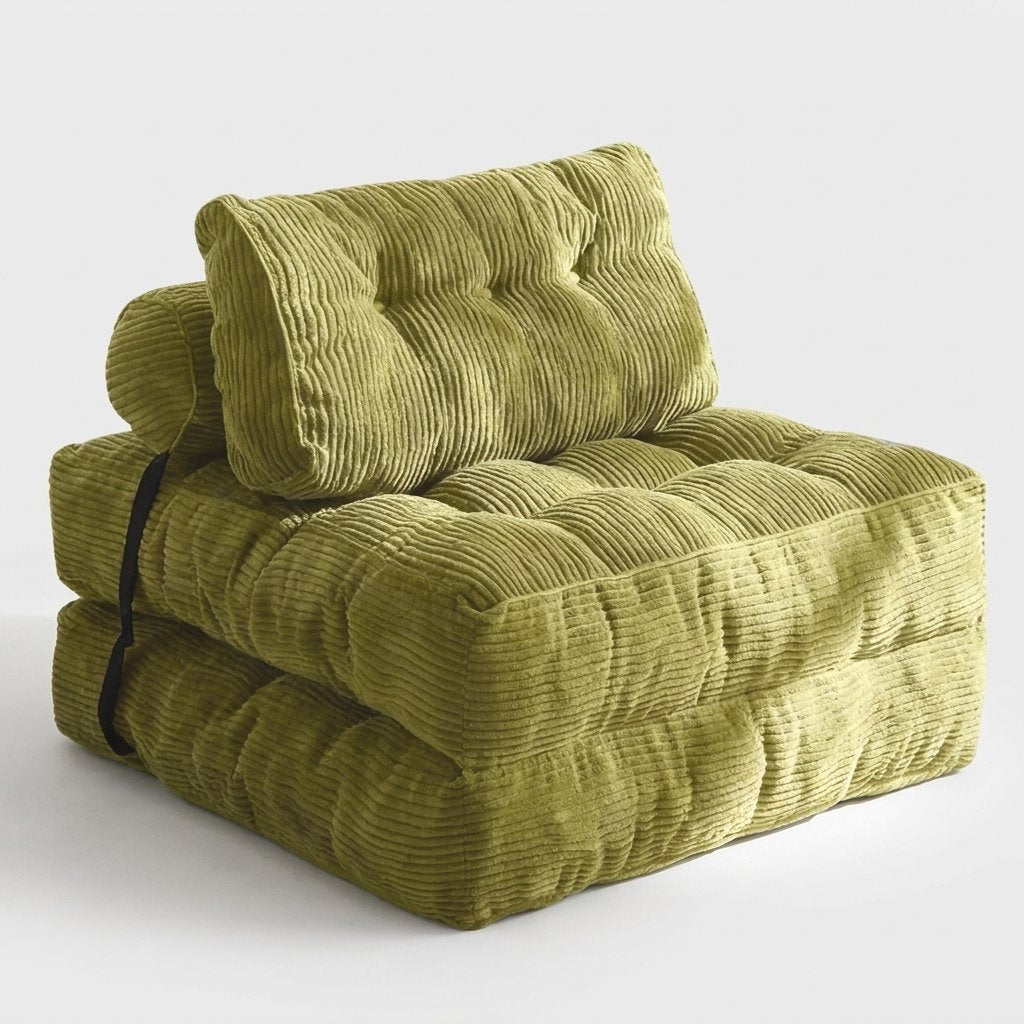 A folded floor cushion or modular chair in olive green corduroy fabric, featuring a tufted backrest and a black strap detail on the side, set against a plain light gray background.