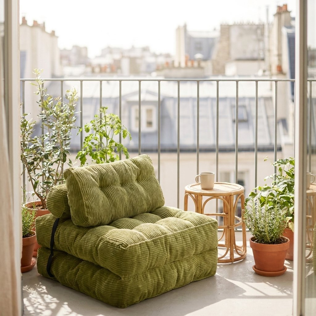 An olive green corduroy lounge chair with a matching cushioned ottoman sits on a sunlit balcony with a city view, surrounded by potted plants and a small wooden side table.