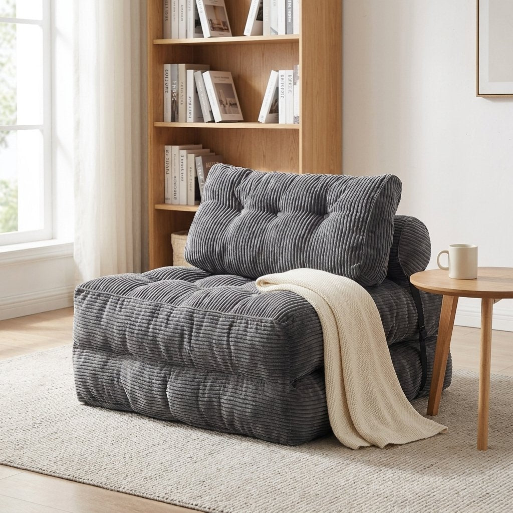 A dark gray corduroy lounge chair with a tufted backrest, styled in a bright room with a cream throw blanket draped over it, a wooden bookshelf in the background, and a small wooden side table with a mug.