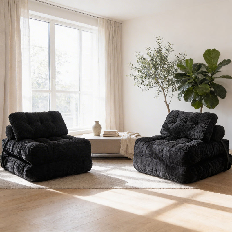 Two black armchairs in a bright living room with large windows and plants.