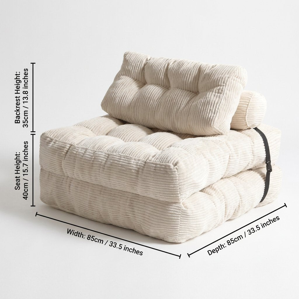 A corduroy floor chair in a light beige/cream color, shown with dimension lines and text indicating its width, depth, and seat height.