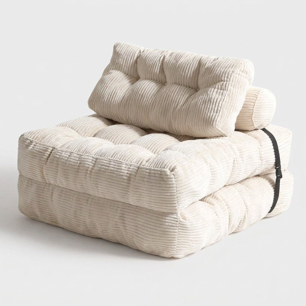 A cream-colored corduroy floor cushion set with a square seat cushion and a matching rectangular back cushion, shown on a light gray background.