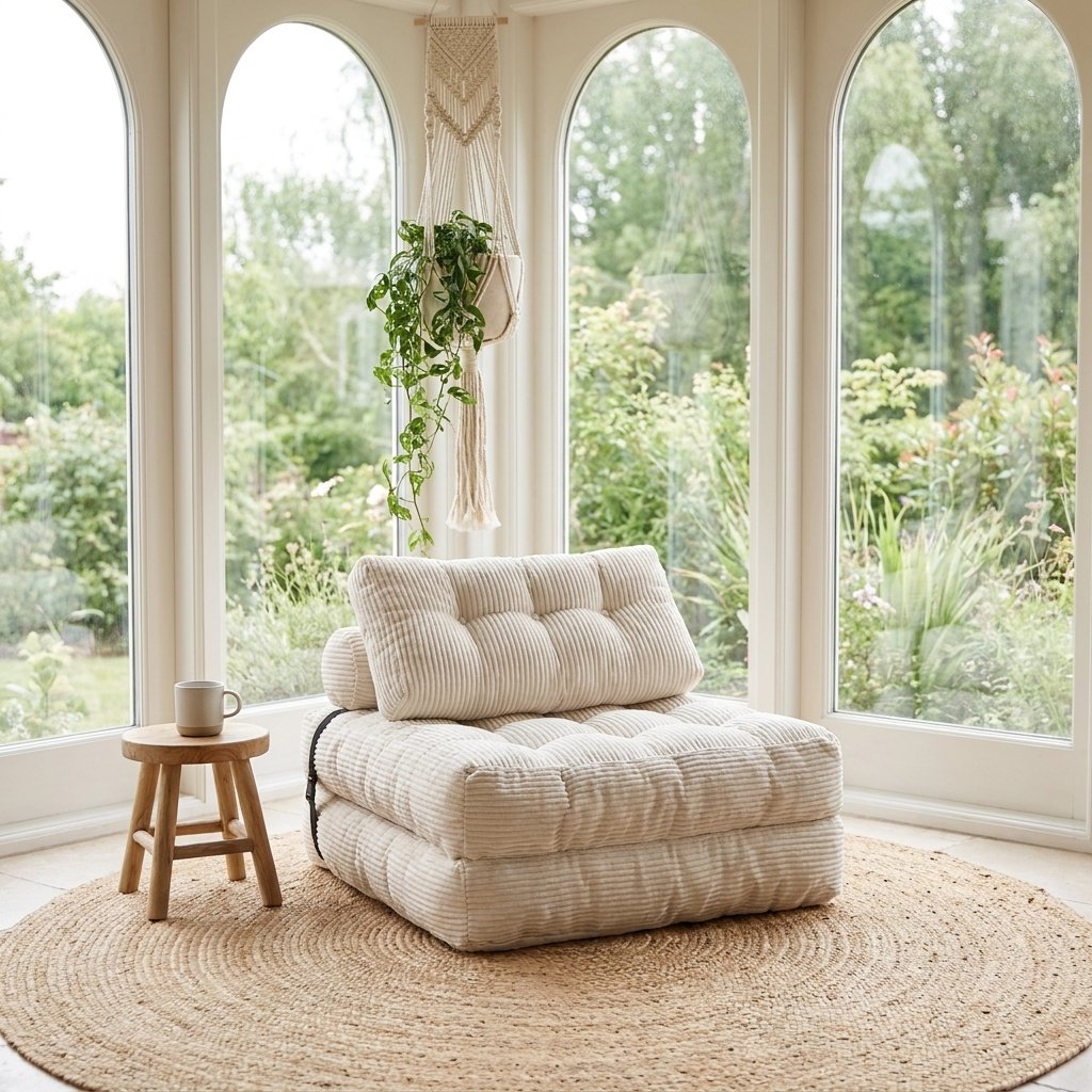 A cream tufted cushioned lounge chair with a matching back cushion sits on a round jute rug in a sunlit room with tall arched windows and a small wooden stool beside it.