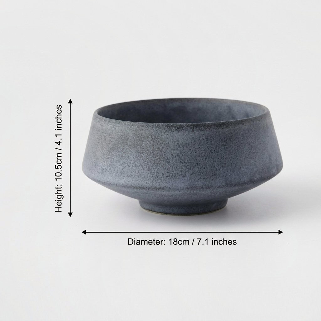 Large matte blue stoneware bowl with dimensions labeled height 10.5 cm (4.1 in) and diameter 18 cm (7.1 in)