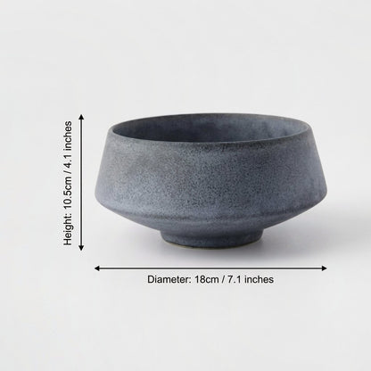 Large matte blue stoneware bowl with dimensions labeled height 10.5 cm (4.1 in) and diameter 18 cm (7.1 in)