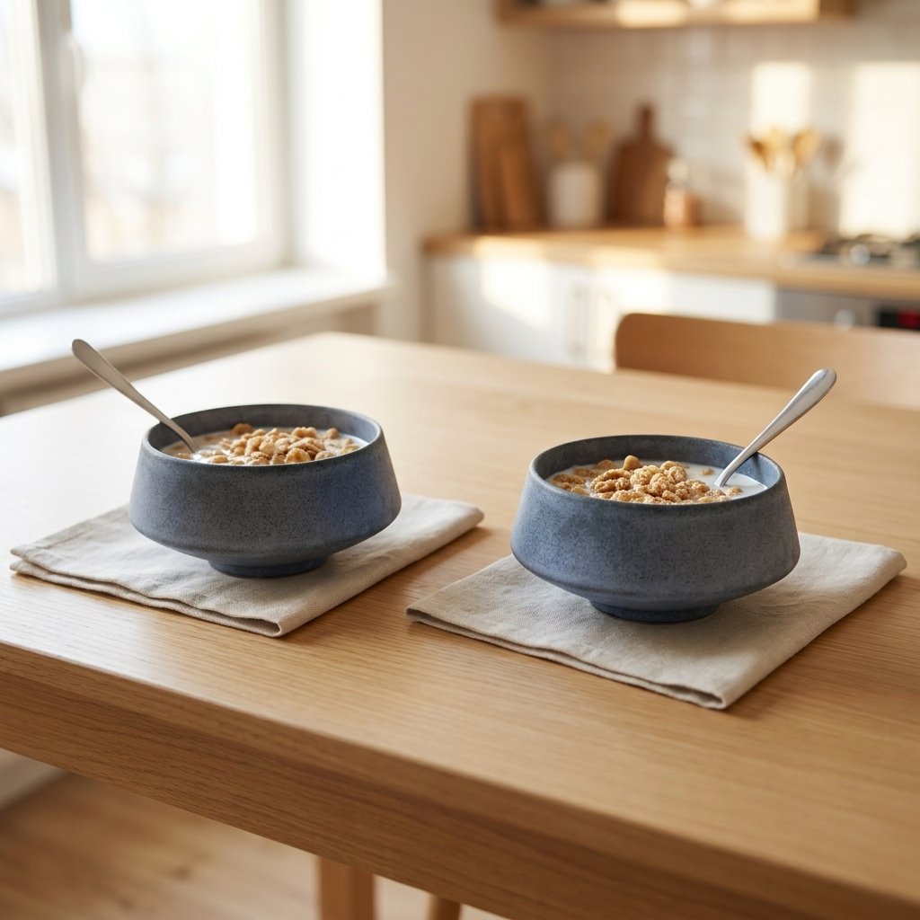 Two matte blue-gray stoneware bowls of milk and cereal puffs with spoons, on linen napkins on a light oak breakfast table