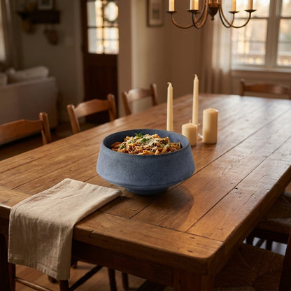 Large matte blue stoneware bowl of penne pasta with red sauce on a farmhouse dining table with candles